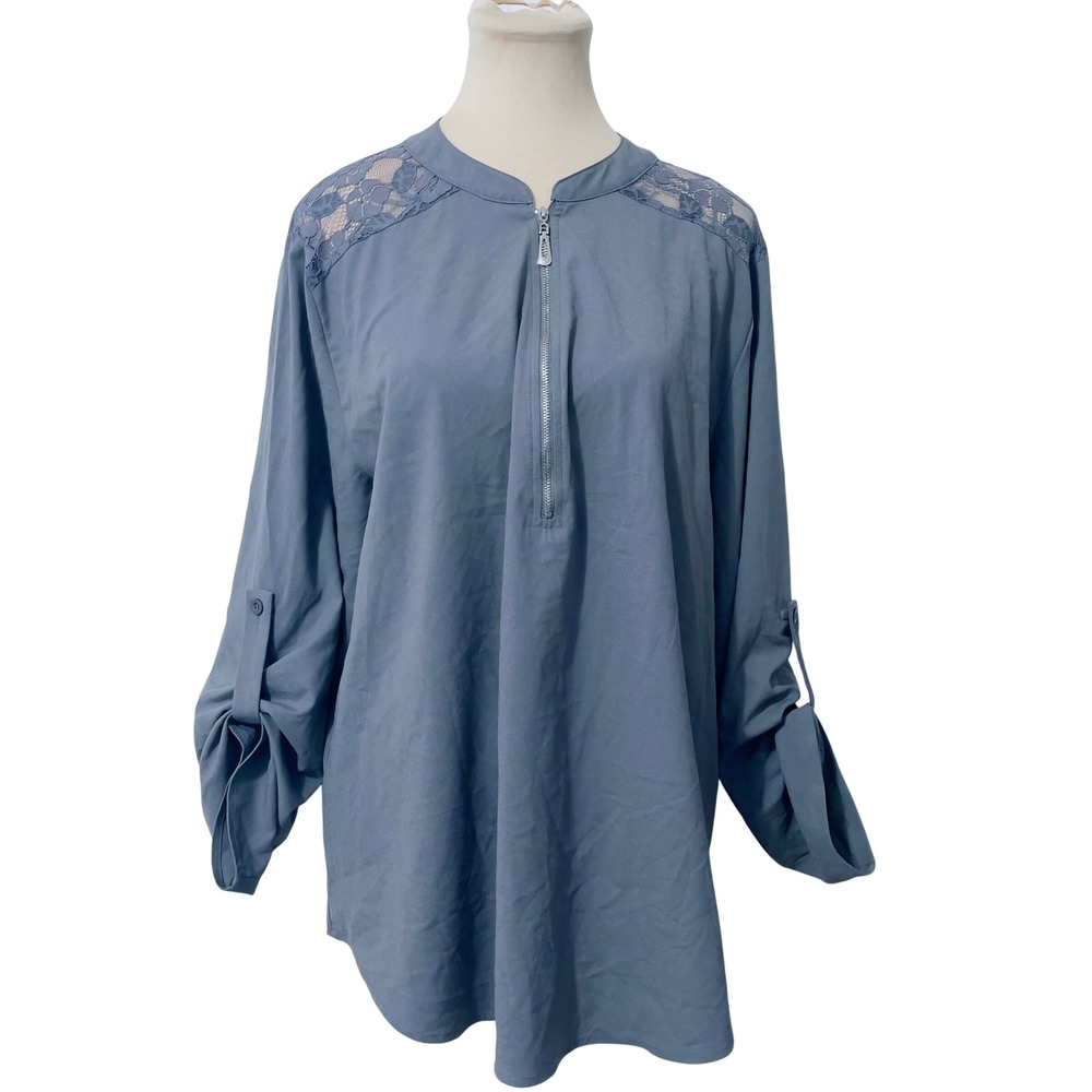 Moyabo Quarter Zip Lace Shoulder Tunic Top 2XL Blueā Grey Roll Tab Sleeve Blouse